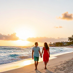 Caribbean Holidays, May Honeymoons, Newlyweds walking hand in hand along a quiet Caribbean beach in Saint Martin at sunset