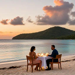 Caribbean Holidays, May Honeymoons, Romantic beachfront dinner for two on a small Caribbean island, softly lit table, sunset over calm turquoise water and distant green hills