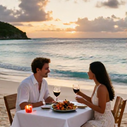 Caribbean Holidays, May Honeymoons, Romantic beachfront dinner for two with candles, fresh seafood and sunset over the Caribbean Sea in St Thomas