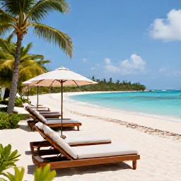 Caribbean Holidays, May Honeymoons, Romantic beachfront resort in the Caribbean with private loungers, turquoise water and lush tropical gardens