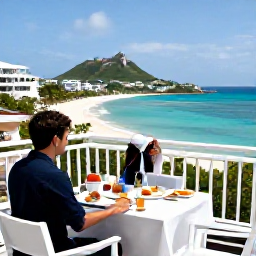 Caribbean Holidays, May Honeymoons, Romantic boutique hotel balcony overlooking the Caribbean Sea in Saint Martin, with breakfast for two