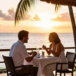 Caribbean Holidays, May Honeymoons, Romantic French Caribbean restaurant terrace in Grand Case with a couple dining at sunset