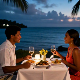 Caribbean Holidays, May Honeymoons, Romantic outdoor dinner for two at a Caribbean restaurant in Saint Kitts, softly lit table, local dishes and evening sea view