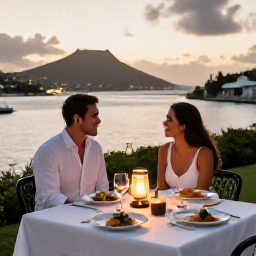Caribbean Holidays, May Honeymoons, Romantic outdoor table overlooking Gustavia harbour in Saint Barth&eacute;lemy at sunset, elegant local cuisine and soft evening light