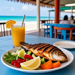 Caribbean Holidays, May in Saint Barth&eacute;lemy, Traditional Saint Barth&eacute;lemy food at a sunny local restaurant, including grilled fish, fresh salad and Caribbean flavours