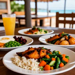 Caribbean Holidays, May in the BVI, Traditional Caribbean food spread at a relaxed outdoor restaurant in the British Virgin Islands, including fish, rice, peas and local vegetables