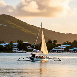 Caribbean Holidays, May in the BVI, Traditional sailing boat and small island community in the British Virgin Islands at golden hour, with calm sea and hills in the background
