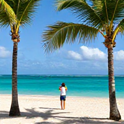 Caribbean Holidays, May Instagram Hotspots, A bright coastal scene in Punta Cana, Dominican Republic, with turquoise sea, palm trees and a traveller taking a photograph in warm May sunshine
