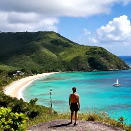 Caribbean Holidays, May Instagram Hotspots, A person standing on a Caribbean viewpoint above a sweeping turquoise bay, green hills and a small sailing boat below