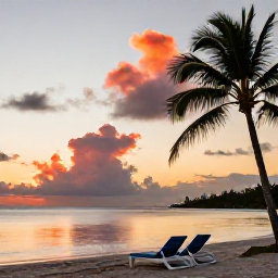Caribbean Holidays, May Instagram Hotspots, A quiet Caribbean beach at sunset with two lounge chairs, calm water, coral-coloured clouds and silhouettes of palm trees