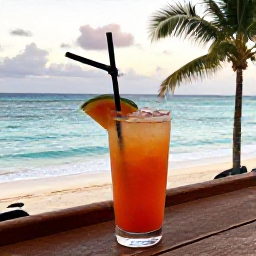 Caribbean Holidays, May Instagram Hotspots, A relaxed Caribbean beach bar serving colourful fruit drinks, with a view of clear sea, palm trees and evening light