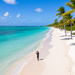Caribbean Holidays, May Instagram Hotspots, Aerial view of turquoise water, white sand and tall palm trees at a Dominican Republic beach, with a person photographing the shoreline