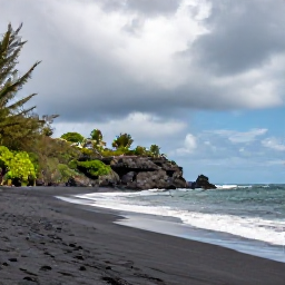 Caribbean Holidays, May Instagram Hotspots, Black volcanic sand beach and rugged coastline on Saint Kitts with dramatic clouds and green tropical vegetation