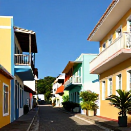 Caribbean Holidays, May Instagram Hotspots, Colourful colonial houses and cobbled streets in a Caribbean town, with balconies, tropical plants and bright afternoon sunshine