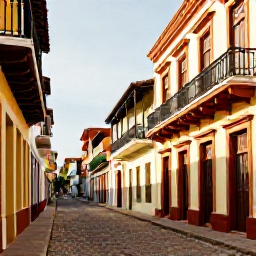Caribbean Holidays, May Instagram Hotspots, Colourful colonial street in Santo Domingo's Zona Colonial, with historic buildings, balconies, cobbled paving and warm afternoon light