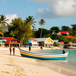 Caribbean Holidays, May Instagram Hotspots, Colourful fishing boats and seaside houses at Store Bay in Tobago, with visitors enjoying the beach under warm tropical sunlight