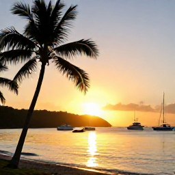 Caribbean Holidays, May Instagram Hotspots, Golden sunset over Cruz Bay on Saint John, United States Virgin Islands, with anchored boats, palm trees and warm evening light