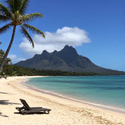 Caribbean Holidays, May Instagram Hotspots, Palm-fringed beach on Nevis with calm turquoise water, volcanic mountain in the background and a lone sun lounger