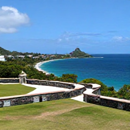 Caribbean Holidays, May Instagram Hotspots, Panoramic view from Fort King George above Scarborough, Tobago, showing the coastline, blue sea and historic stone walls