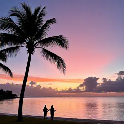 Caribbean Holidays, May Instagram Hotspots, Pink sunset over the calm Caribbean Sea near Providenciales, with silhouetted palms and a couple watching the evening light