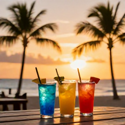 Caribbean Holidays, May Instagram Hotspots, Relaxed sunset at a Saint Kitts beach bar with colourful drinks, golden sky and silhouettes of palm trees