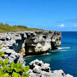 Caribbean Holidays, May Instagram Hotspots, Rugged limestone cliffs, blue sea and native vegetation at Northwest Point National Park, Turks and Caicos, under a clear May sky