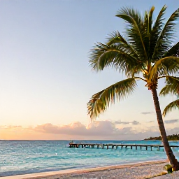 Caribbean Holidays, May Instagram Hotspots, Sunrise over a turquoise Caribbean beach in May, with palm trees, soft golden light and a quiet wooden jetty