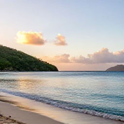 Caribbean Holidays, May Instagram Hotspots, Sunrise over Magens Bay in Saint Thomas, United States Virgin Islands, with calm turquoise water, green hills and a quiet sandy beach