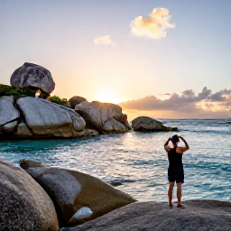 Caribbean Holidays, May Instagram Hotspots, Sunrise over the Baths on Virgin Gorda, British Virgin Islands, with huge granite boulders, turquoise sea and a traveller taking a photograph