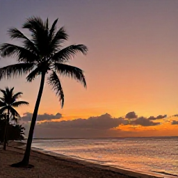 Caribbean Holidays, May Instagram Hotspots, Sunset over a Dominican Republic beach with orange and pink sky, calm sea and silhouettes of palm trees