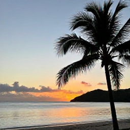 Caribbean Holidays, May Instagram Hotspots, Sunset over the calm Caribbean Sea at Mount Irvine Bay, Tobago, with silhouettes of palm trees and a peaceful beach scene