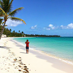 Caribbean Holidays, May Instagram Hotspots, Turquoise Grace Bay beach in May, with soft white sand, calm water, palm trees and a relaxed traveller taking photographs