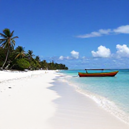 Caribbean Holidays, May Instagram Hotspots, White sand beach at Princess Margaret Beach on Bequia in May, calm turquoise water, palm trees and a colourful wooden boat