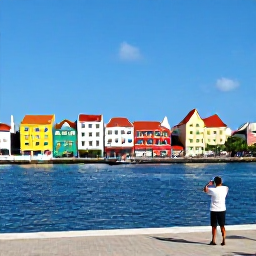 Caribbean Holidays, May Instagram Spots, Colourful colonial buildings along the waterfront in Willemstad, Cura&ccedil;ao, in bright May sunshine, with calm blue water and people taking photographs