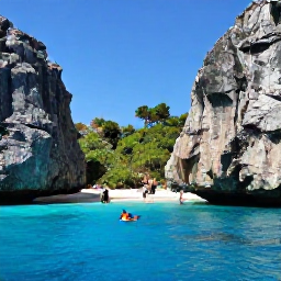 Caribbean Holidays, May Instagram Spots, Dramatic limestone cliffs and vivid blue sea at Playa Lagun, Cura&ccedil;ao, with snorkellers and tropical vegetation in May sunshine
