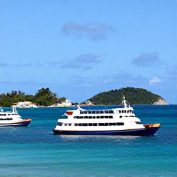 Caribbean Holidays, May Island Hopping, A bright Caribbean harbour in May with a ferry, colourful boats and tropical islands beyond