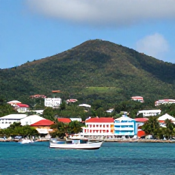Caribbean Holidays, May Island Hopping, Colourful waterfront buildings and fishing boats in Kingstown, Saint Vincent, with lush hills in the background