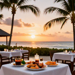 Caribbean Holidays, May Island Hopping, Relaxed Caribbean beach restaurant at sunset with fresh seafood, outdoor tables and palm trees