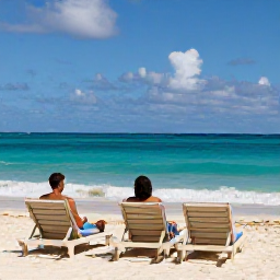 Caribbean Holidays, May Island Hopping, Relaxed Caribbean beach scene in May with sun loungers, gentle waves and a couple enjoying the view
