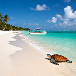 Caribbean Holidays, May Island Hopping, White-sand beach and turquoise lagoon in the Tobago Cays with a sea turtle swimming near a small boat