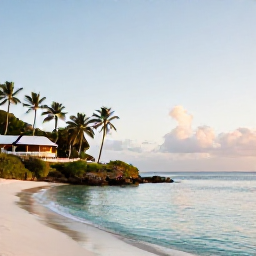 Caribbean Holidays, May Luxury Holidays, A luxury beachfront resort on Saint Vincent and the Grenadines in May, with calm turquoise sea, palm trees and soft morning light