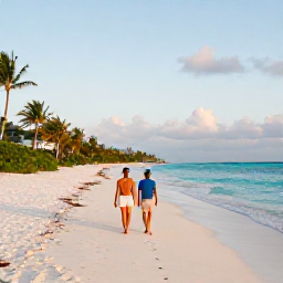 Caribbean Holidays, May Luxury Holidays, Couple walking along a quiet white-sand beach in Turks and Caicos during golden hour, with turquoise sea and palm trees