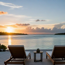 Caribbean Holidays, May Luxury Holidays, Elegant beachfront resort terrace in Providenciales overlooking calm blue water at sunset, with comfortable loungers and discreet luxury