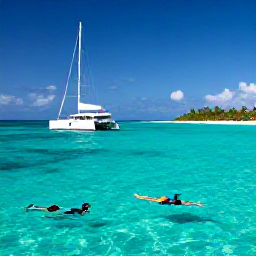 Caribbean Holidays, May Luxury Holidays, Luxury catamaran sailing beside a deserted tropical island in Turks and Caicos, with snorkellers exploring clear shallow water