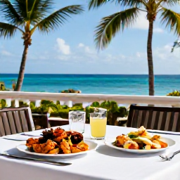 Caribbean Holidays, May Luxury Holidays, Outdoor table at an upscale Caribbean restaurant in Providenciales, serving fresh seafood with palms and the sea beyond