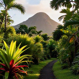 Caribbean Holidays, May Nature Holidays, A lush green rainforest trail on Saint Kitts in May, with tropical plants, volcanic mountain scenery and soft morning sunlight