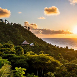 Caribbean Holidays, May Nature Holidays, Eco-friendly Caribbean hillside accommodation overlooking rainforest and sea at sunset in May