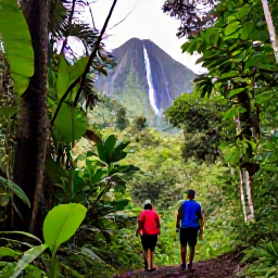 Caribbean Holidays, May Nature Holidays, Hikers walking through dense rainforest towards a waterfall on Saint Vincent, tropical foliage and volcanic mountain scenery