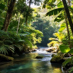 Caribbean Holidays, May Nature Holidays, Lush Caribbean rainforest in May with emerald foliage, a clear stream, and soft morning sunlight