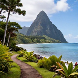 Caribbean Holidays, May Nature Holidays, The Pitons rising above a calm Caribbean bay in Saint Lucia, viewed from a scenic coastal trail with tropical vegetation